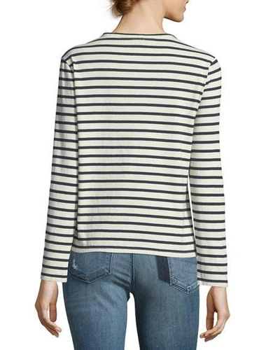 Shop Kule Crewneck Long-sleeve Striped Cotton Top In Cream/navy