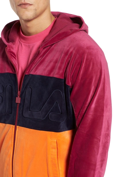 Shop Fila Oscar Zip Up Velour Hoodie In Rasberry/ Peacoat/ Golden