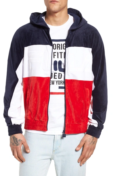 Shop Fila Oscar Zip Up Velour Hoodie In Peacoat/ White/ Chinese Red