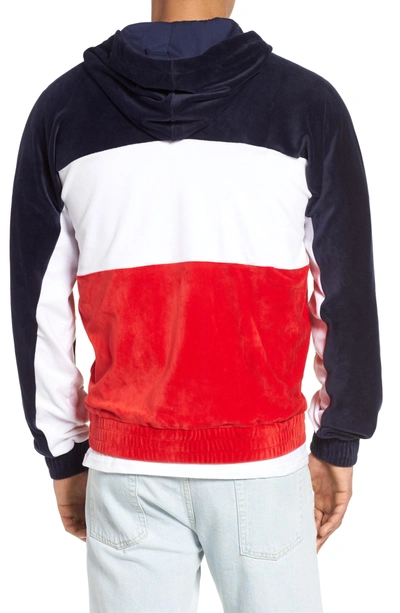 Shop Fila Oscar Zip Up Velour Hoodie In Peacoat/ White/ Chinese Red