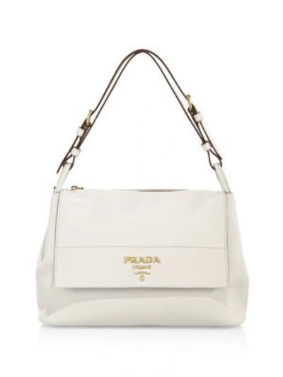 Shop Prada Daino Leather Flap Shoulder Bag In Talco