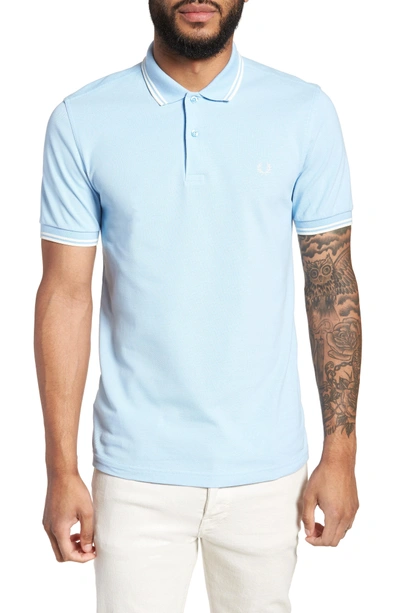 Shop Fred Perry Extra Trim Fit Twin Tipped Pique Polo In Sky Blue/ Ecru