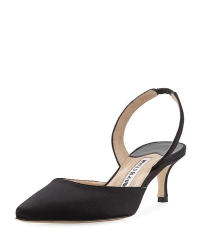 Shop Manolo Blahnik Carolyne Satin Low-heel Slingback Pumps, Black