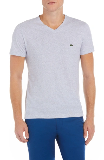 Shop Lacoste V-neck Cotton T-shirt In Mtg Silver Chine/ White