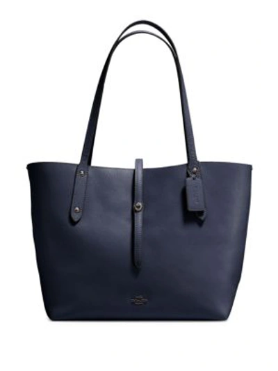 Shop Coach Polished Pebbled Leather Market Tote In Navy Blue