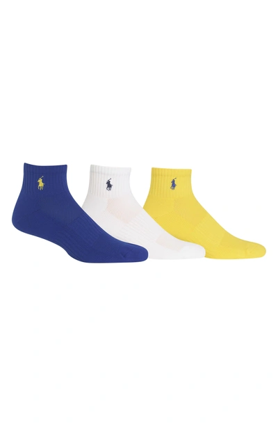 Shop Polo Ralph Lauren 3-pack Tech Athletic Quarter Socks In Royal/ White/ Yellow