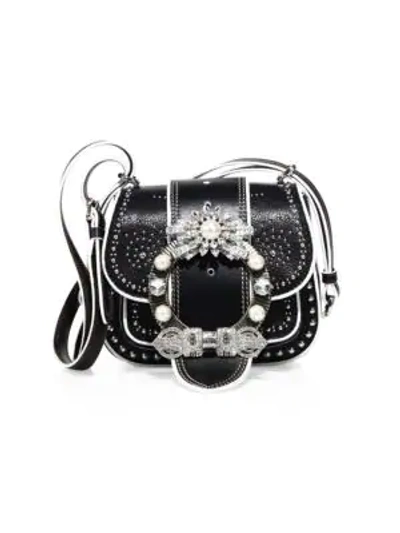 Shop Miu Miu Dahlia Jewel-buckle Studded Leather Shoulder Bag In Nero