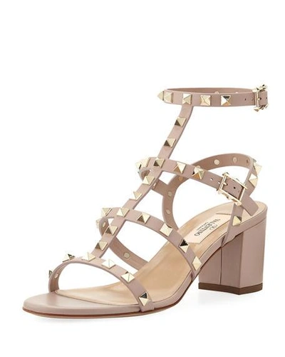 Shop Valentino Rockstud Leather 60mm City Sandals In Poudre