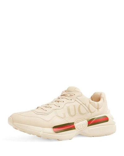 Shop Gucci Men's Rhyton Logo Leather Sneakers In Ivory