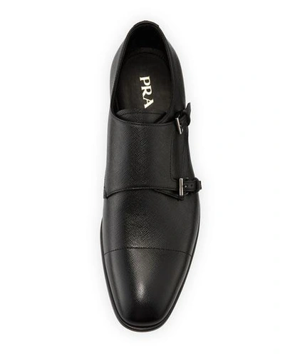 Shop Prada Saffiano Leather Double-monk Shoe, Black
