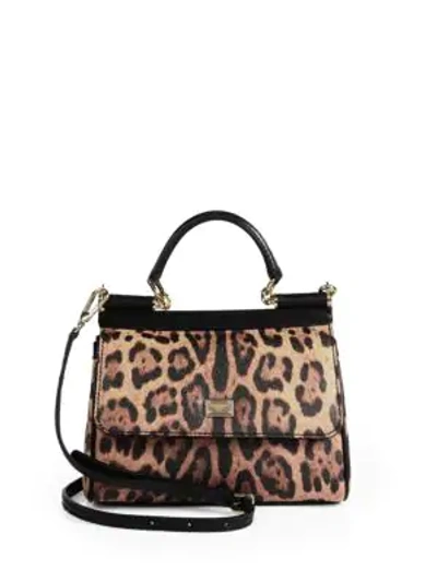 Shop Dolce & Gabbana Sicily Leopard Print Leather Top Handle Satchel