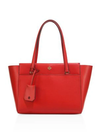 Shop Tory Burch Parker Small Leather Tote In Cherry Apple