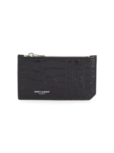 Shop Saint Laurent Fragments Croc-embossed Leather Zip Card Case In Black