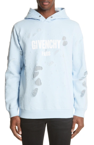 Givenchy Cuban Destroyed Logo Cotton Hoodie In Blue | ModeSens