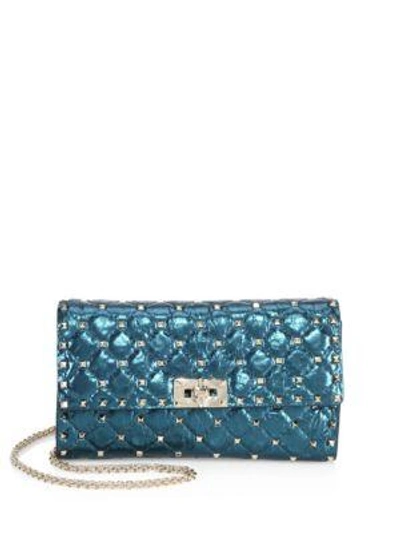 Shop Valentino Rockstud Spike Metallic Leather Chain Wallet In Peacock