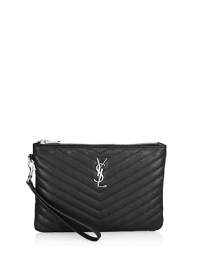 Shop Saint Laurent Medium Monogram Silvertone Pouch In Black