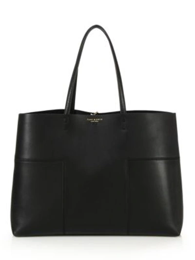 Shop Tory Burch Block T Leather Tote In Black