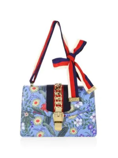 Shop Gucci Sylvie Flora Leather Shoulder Bag In Blue