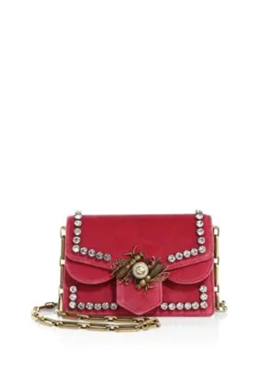 Shop Gucci Broadway Embellished Velvet Chain Shoulder Bag In Raspberry