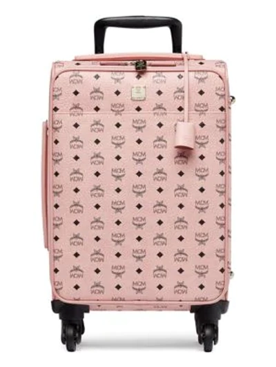 Shop Mcm Small Voyager Visetos Trolley Suitcase In Soft Pink