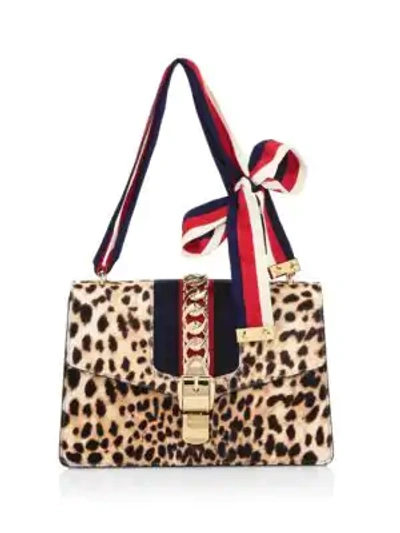 Shop Gucci Sylvie Leopard-print Calf Hair Shoulder Bag In Natural
