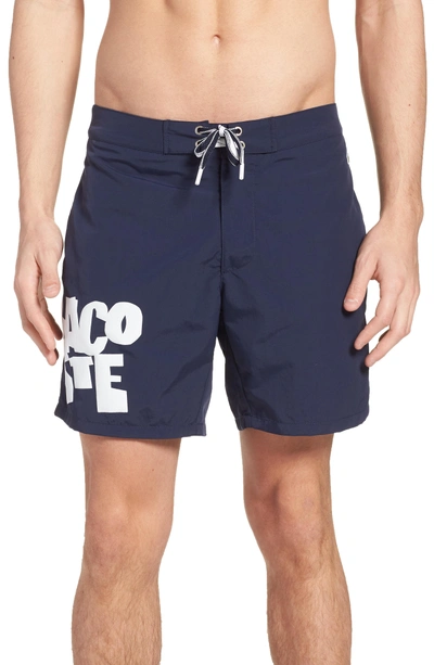 Shop Lacoste Graphic Swim Trunks In Navy Blue