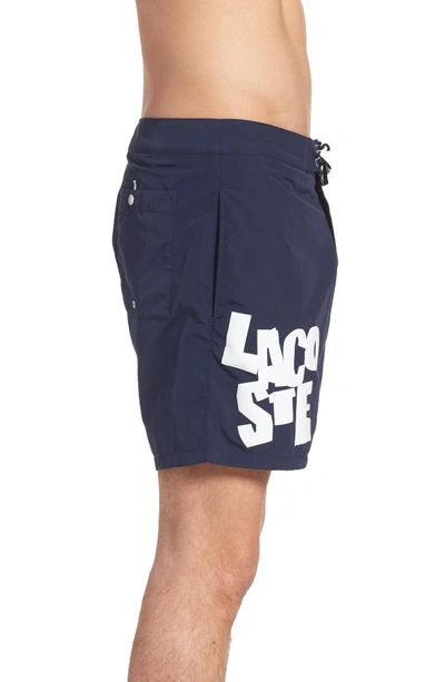 Shop Lacoste Graphic Swim Trunks In Navy Blue