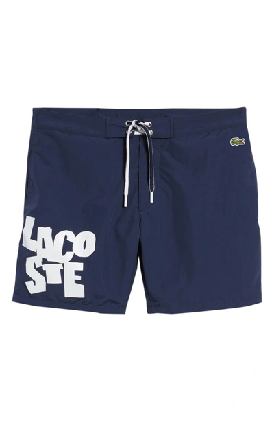 Shop Lacoste Graphic Swim Trunks In Navy Blue