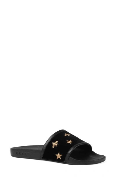 Shop Gucci Pursuit Embroidered Slide Sandal In Black