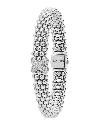 Shop Lagos Silver Caviar Bracelet With Diamond X