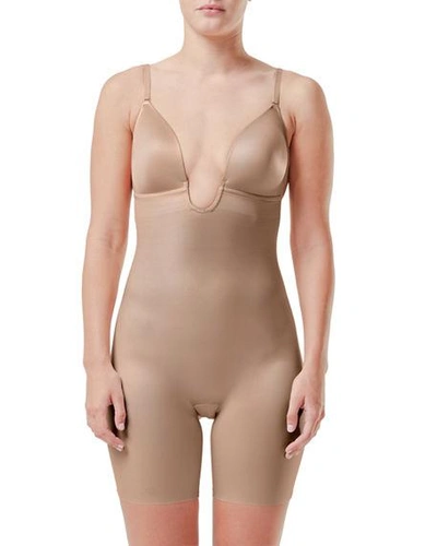 Shop Spanx Suit Your Fancy Plunge Low-back Mid-thigh Bodysuit In Champagne