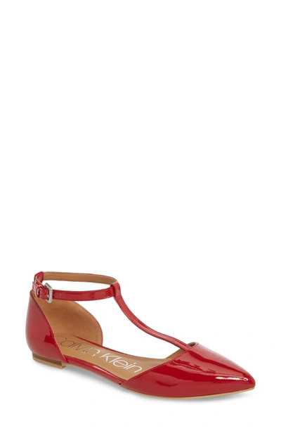 Shop Calvin Klein 'ghita' T-strap Flat In Crimson Red Patent