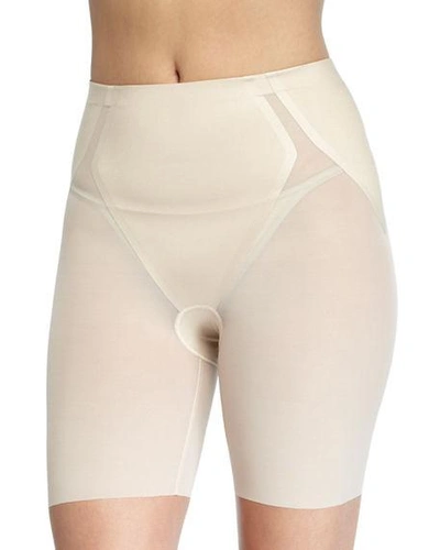 Shop Spanx Haute Contour Sheer Mid-thigh Shaper Shorts In Soft Sand