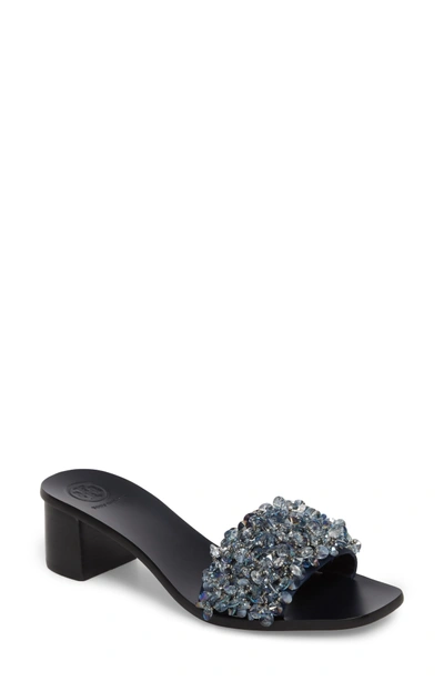 Shop Tory Burch Logan Embellished Slide Sandal In Gray/ Perfect Navy