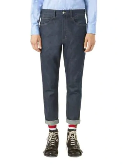 Shop Gucci Tiger Stretch Denim Slim-fit Jeans In Blue