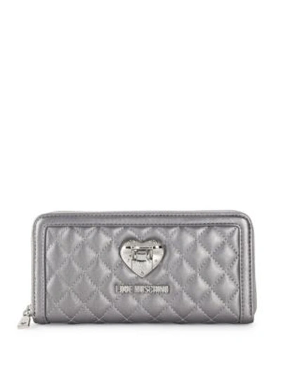 Shop Love Moschino Quilted Faux Leather Continental Wallet In Silver