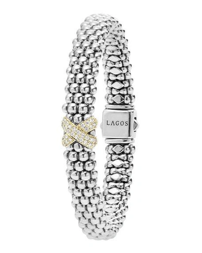Shop Lagos Silver Caviar Bracelet With 18k Diamond X