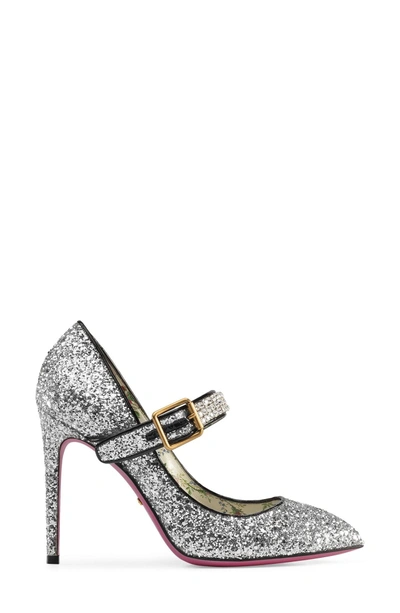 Shop Gucci Sylvie Pointy Toe Mary Jane Pump In Silver Glitter