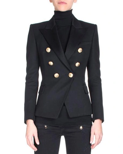 Balmain Black Double-breasted Jacket With Branded Buttons And Asymmetric Cut In Wool Woman In Black