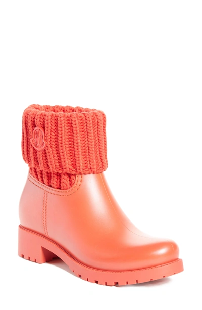 Shop Moncler 'ginette' Knit Cuff Leather Rain Boot In Red