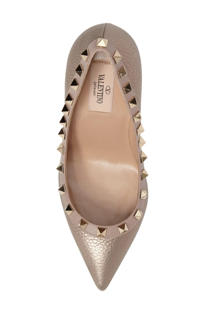 Shop Valentino Rockstud Pointy Toe Pump In Metallic Gold Leather