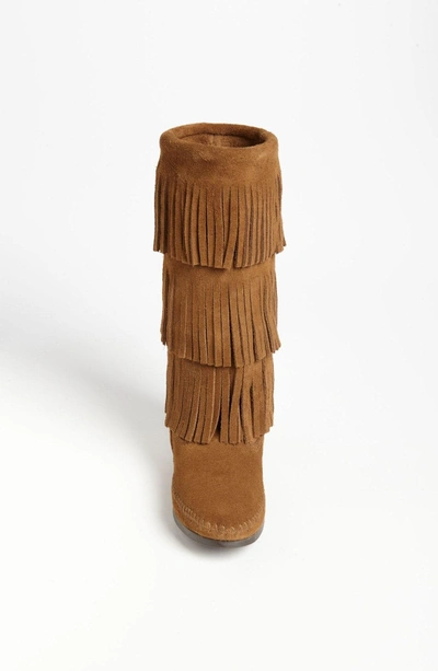 Shop Minnetonka 3-layer Fringe Boot In Dusty Brown Suede
