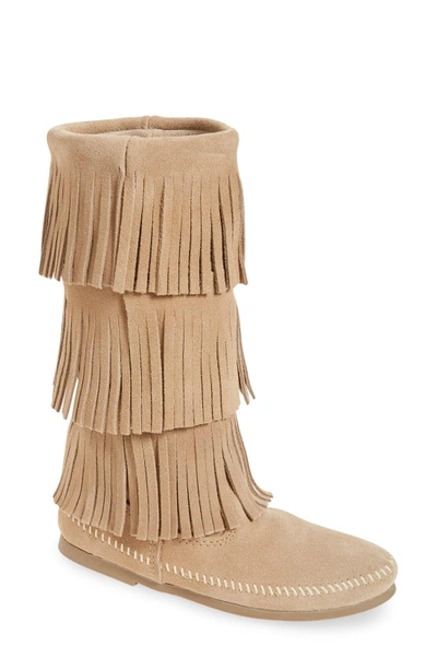 Shop Minnetonka 3-layer Fringe Boot In Stone Suede