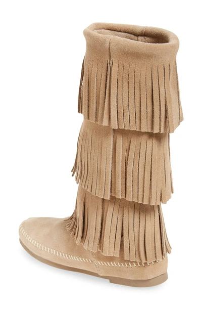 Shop Minnetonka 3-layer Fringe Boot In Stone Suede