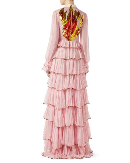 Gucci Ruffled Embellished Silk-crepon Gown In Flame, Light Pink | ModeSens