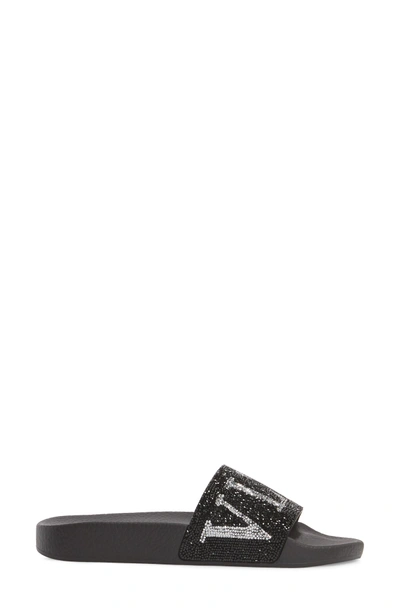 Shop Valentino Crystal Logo Slide Sandal In Black