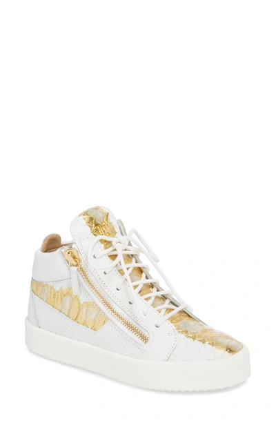 Shop Giuseppe Zanotti May London Mid Top Sneaker In White/ Gold
