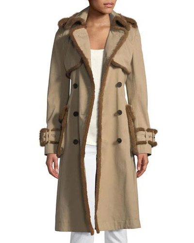 Shop J Mendel Mink-trimmed Double-breasted Trench Coat In Khaki
