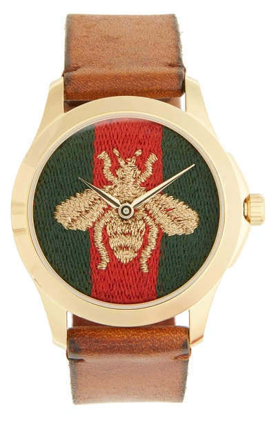 Shop Gucci Bee Insignia Leather Strap Watch, 43mm In Brown