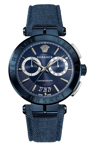 Shop Versace Aion Chronograph Leather Strap Watch, 45mm In Blue